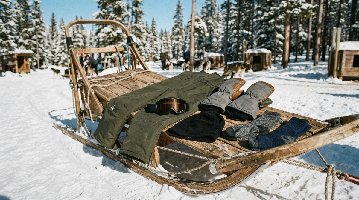 Insulated bibs, waterproof mittens, goggles and wool socks laid out on a dog sled before a dog sledding Breckenridge tour