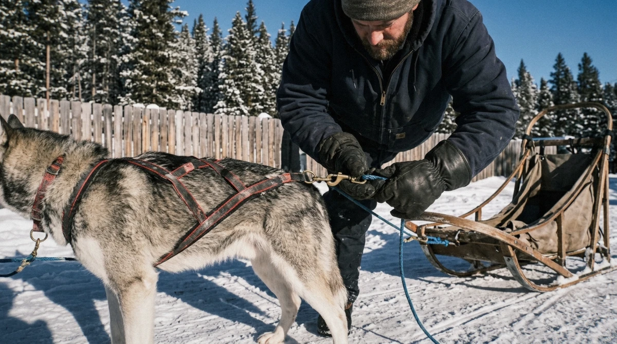 Musher clipping a husky into the tug line beside a wooden sled at a mountain kennel before a dog sledding Breckenridge tour