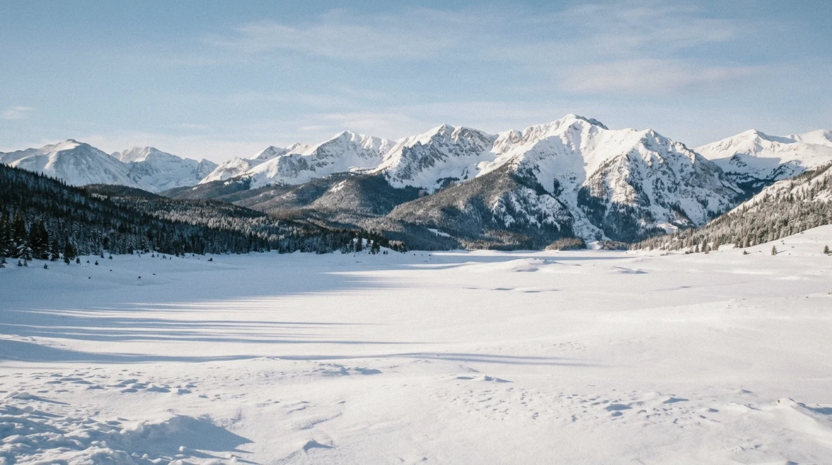 The snow-covered Tenmile Range above a white valley floor near Breckenridge, Colorado in early morning winter light